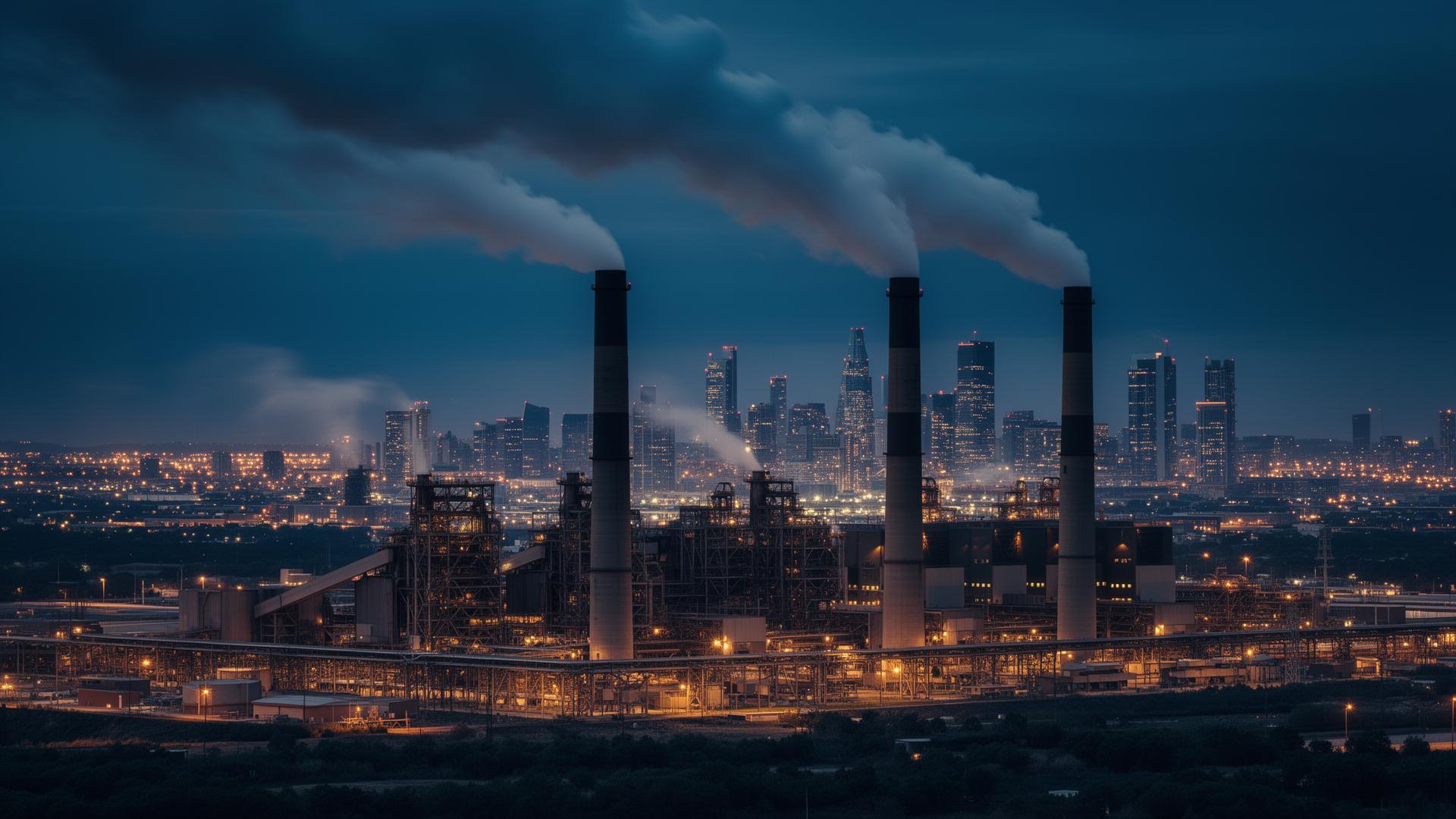 Industrial power plant skyline at dusk